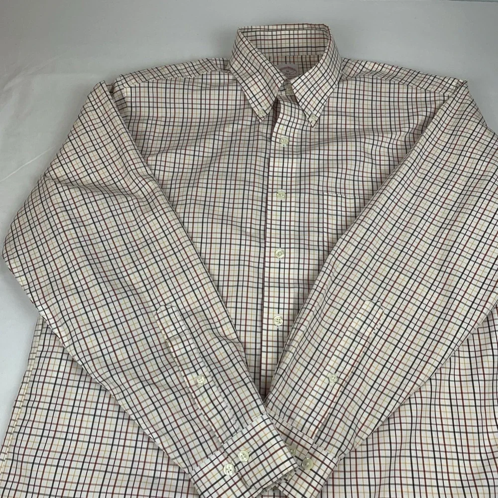 Brooks Brothers Men's Med Long Sleeve Checked Dress Shirt Cotton Non Iron‎